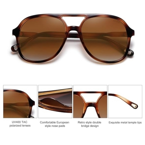 Polarized Aviator Sunglasses Classic 70s Vintage Square Brown - Picture 2 of 5